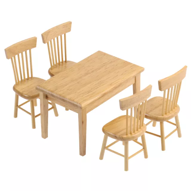 5pcs Miniature Wooden Dining Table & Chair Set for Dollhouse Home Decor