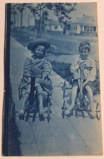 VINTAGE BOY GIRL Children Posing Push Pull Pedal Car Toy Photo Postcard