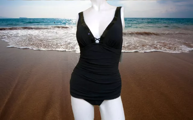 NWT PROFILE by GOTTEX Black with Sequins 1 piece Bathing suit SWIMDRESS sz- 8