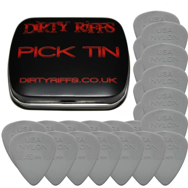 24 x Dunlop Nylon Standard 0.60mm Light Grey Guitar Picks In A Handy Pick Tin