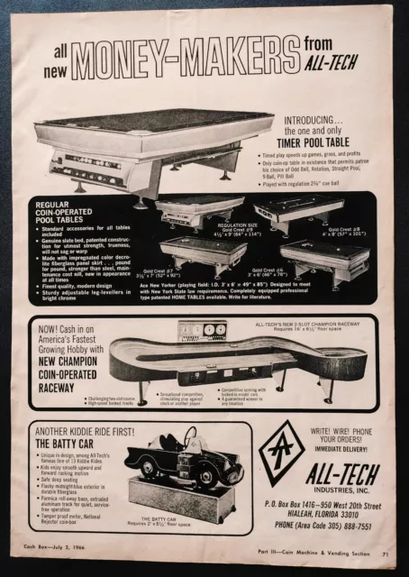 All-Tech Money-Makers Pool Table, Raceway, Batty Car 1966 Vintage Print Ad