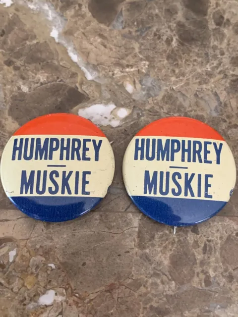 Vintage Lot Of 2 1960’S Hubert Humphrey Muskie Pin Button 1.25” 1968