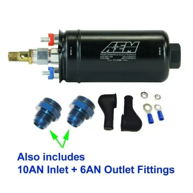 GENUINE AEM 400LPH 50-1009 External Fuel Pump +10AN Inlet / 6AN Outlet Fittings