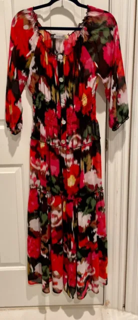 FIGUEROA & Flower Anthropologie Tiered Floral Maxi Dress. Red Black Multicolor.S
