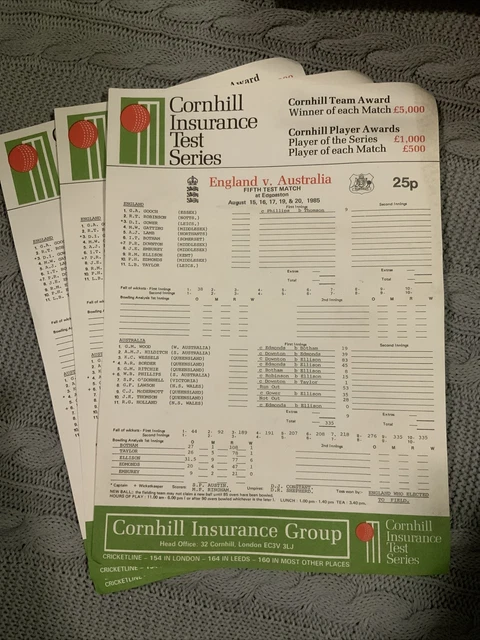 Cricket - Scorecard - England v Australia - Edgbaston - 1985 - 5th Test 3 Cards