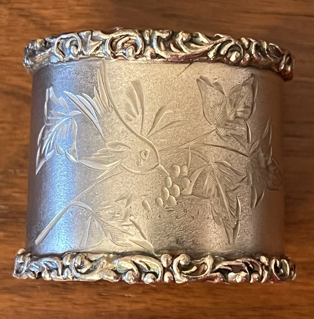 Antique Victorian Napkin Ring Bird Berries Leaf Scroll Edge Silverplate