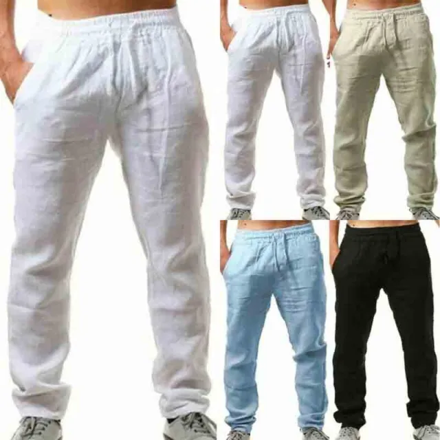 Men Summer Casual Cotton Linen Long Pants Loose Straight Beach Trousers