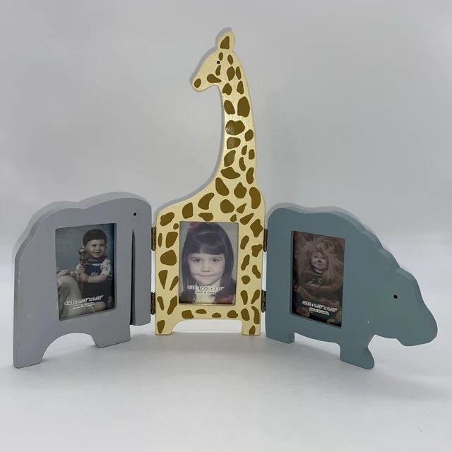 3-Animal Hippo Giraffe Elephant ‘Chain’ Picture Frame for 3 x 2 Inch Photos EUC
