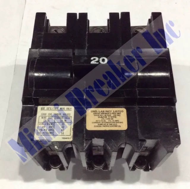 NB232020 Federal Pacific FPE Type NB Bolt-On Circuit Breaker 3 Pole 20 Amp 240V