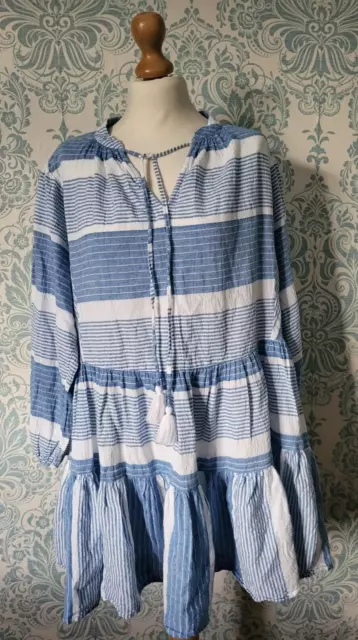 Anthropologie Seafolly Blue/White Striped Jacquard Cover-Up Tunic Dress Size M/L