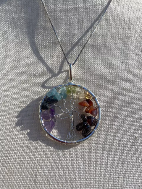 Tree of Life Seven Chakra Genuine Gemstone Pendant Handmade 