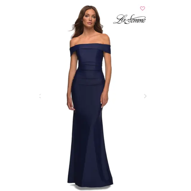 LA FEMME Womens Long Gown Dress Size 6 Navy Blue Off-the-Shoulder Ruched 30422