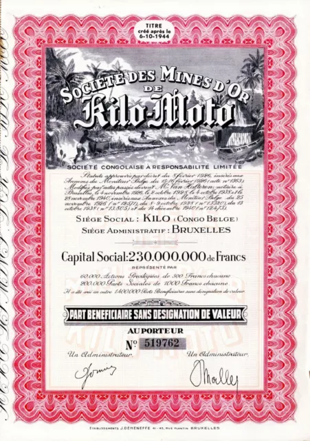 Societe Des Mines D'or de Kilo-Moto - 1944 Congo Mining Stock Certificate - Uniq