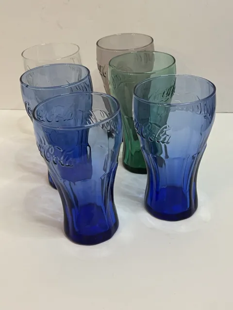 Vintage 6 Coca Cola Cobalt Blue And Other Colors 6" tall Glasses - Excellent