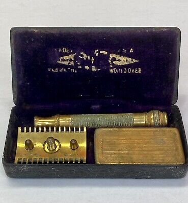 Antique Gillette Safety Razor Gold Tone Razor And Blade Case Original Box