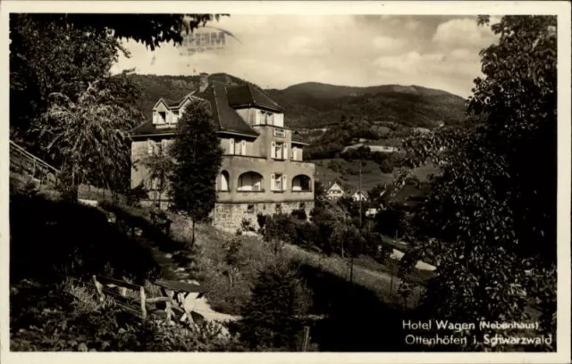 Ottenhöfen Schwarzwald Postkarte alte s/w AK Partie am Hotel Wagen Nebenhaus