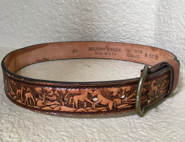 Brushy Creek Youth Belt Size 24 Horses Tooled Leather Full Grain Cowhide USA