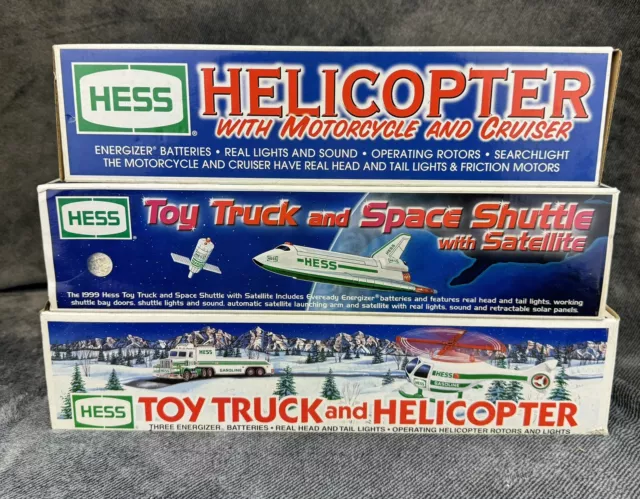 Hess Toy Truck With Space Shuttle Helicopter Motorcycle Cruiser New Lot of 3
