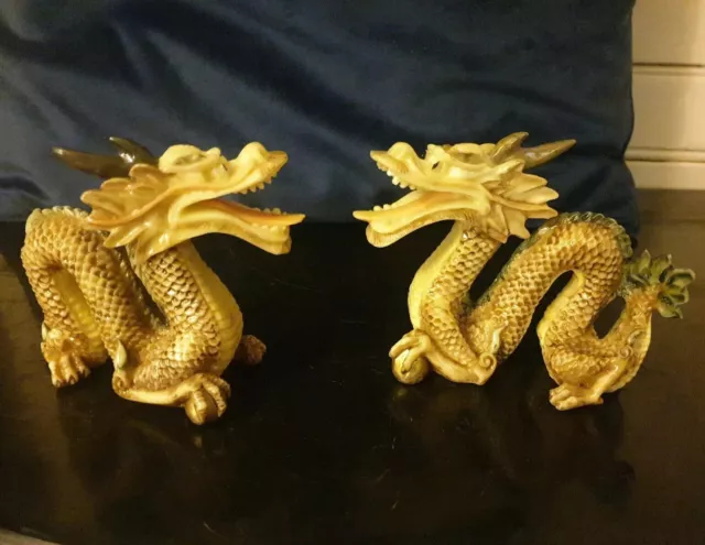 Pair Unique Vintage Resin Otagiri Laquer Style Oriental Chinese Dragon Figurines