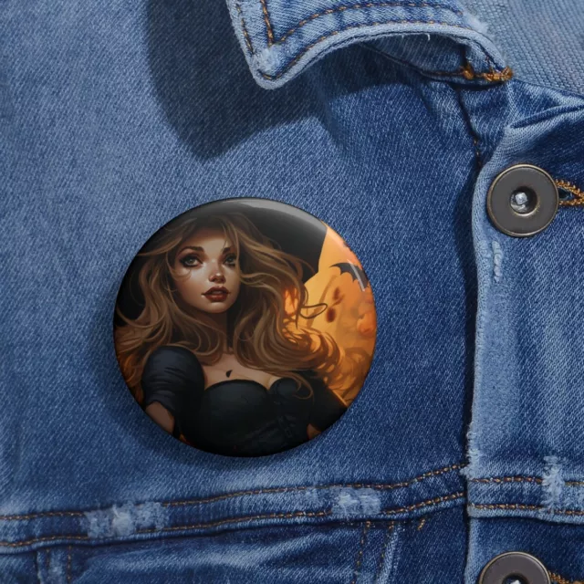 "Friendly Witch's Harvest Halloween Pin Button"  Custom Pin Buttons