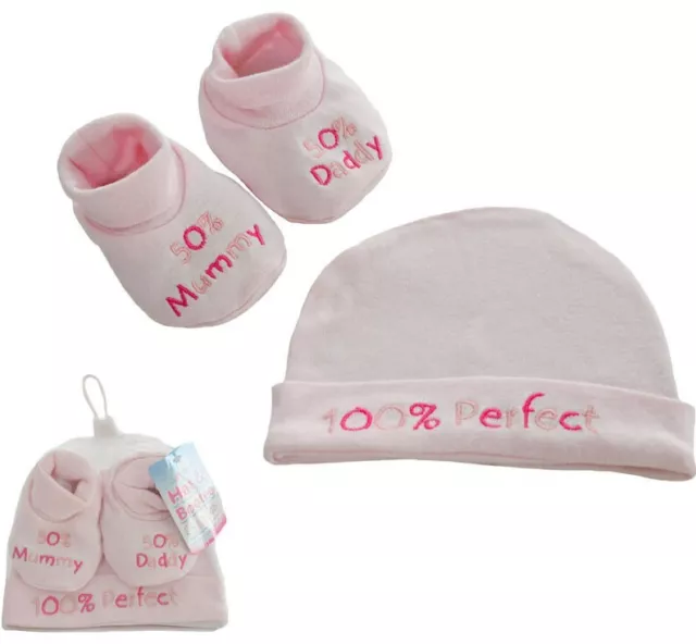 50% Mummy 50% Daddy 100% Perfect Hat and Bootees Set by Soft Touch Age: 0 - 3Ms 3