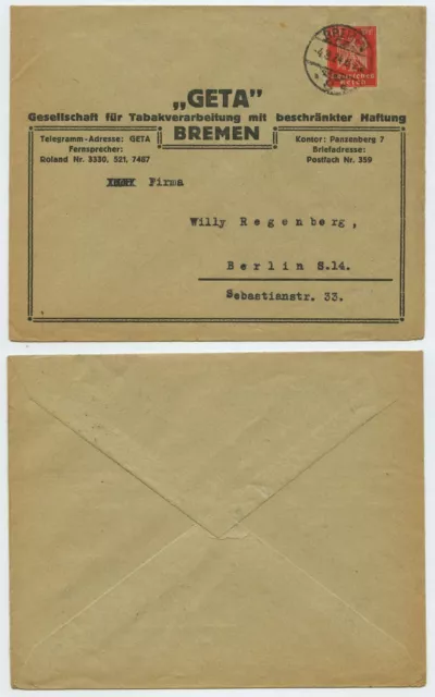 114377 - Beleg GETA Tabakverarbeitung - Bremen 4.3.1924 nach Berlin