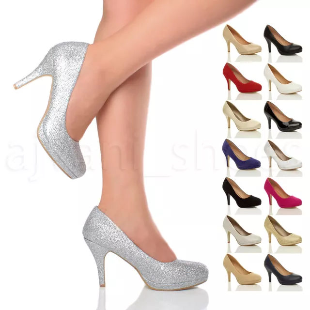 Womens Ladies Mid High Heel Platform Party Work Evening Court Shoes Pumps Size