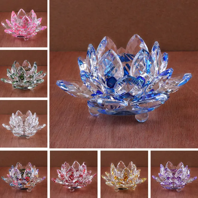 Gift 80mm Quartz Crystal Lotus Flower Crafts Glass Fengshui Ornaments Decoration