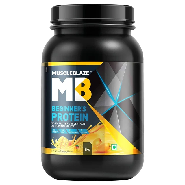 Proteína de suero para principiantes MuscleBlaze, sin azúcar añadido, (Mango mágico, 1 kg/2,2