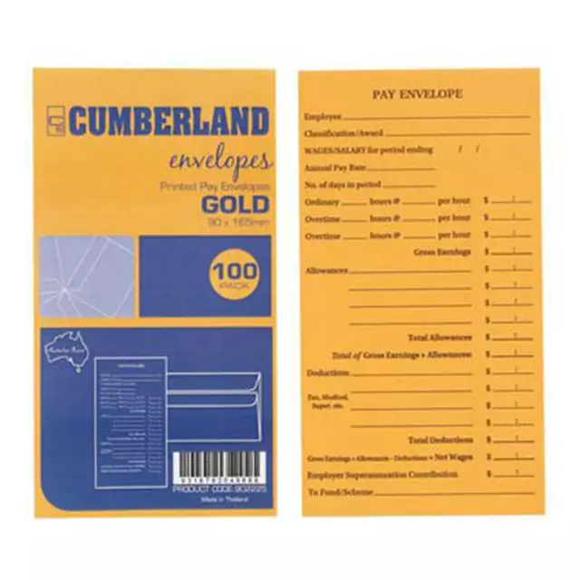 Enveloppes de paiement imprimées Cumberland 100pk 90x165mm Or Chargement latéral