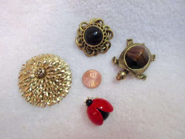 Vintage 4 Brooch Originals Robert Turtle Monet Chrysanthemum Ladybug --Superb! 3