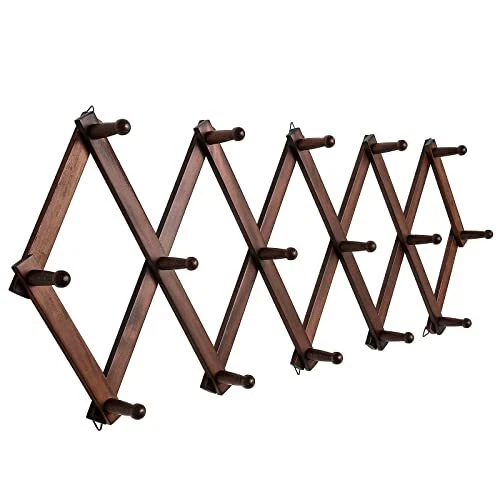 Hat Rack for Wall, Expandable Coat Rack with 16-inch Wooden 16 Hooks Brown