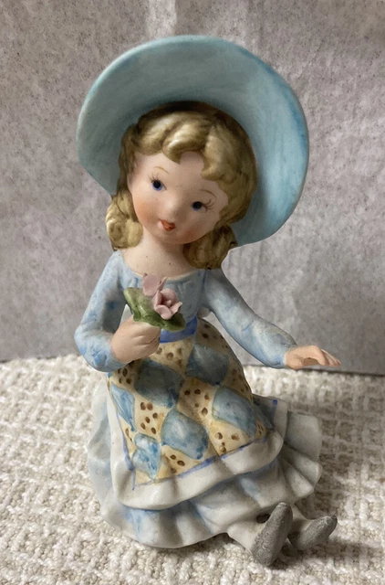 Lefton China Handpainted Girl With Pink Flower Figurine Blue Dress And Hat 2729