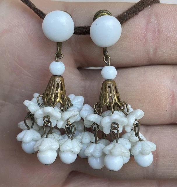 Vtg German Chandelier White Milk Glass Earrings Screw-Back Dangle Flower Brass