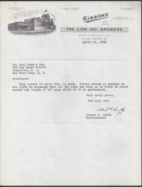Wilkes-Barre, Pa ~ The Lion Inc. Brewers, Gibbons Beer ~ 1938 Illus. Letterhead