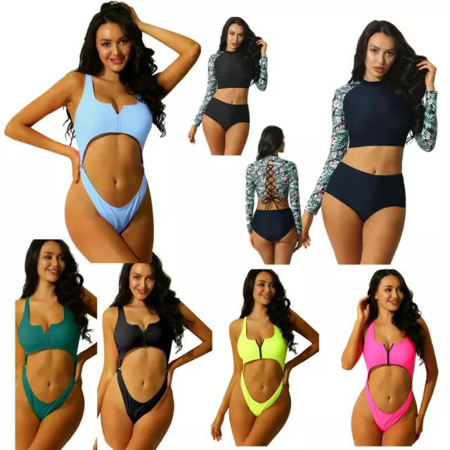 Womens Surfing Rash Guard Bathing Suits Long Sleeves Swimwear 1 Piece Swimsuits