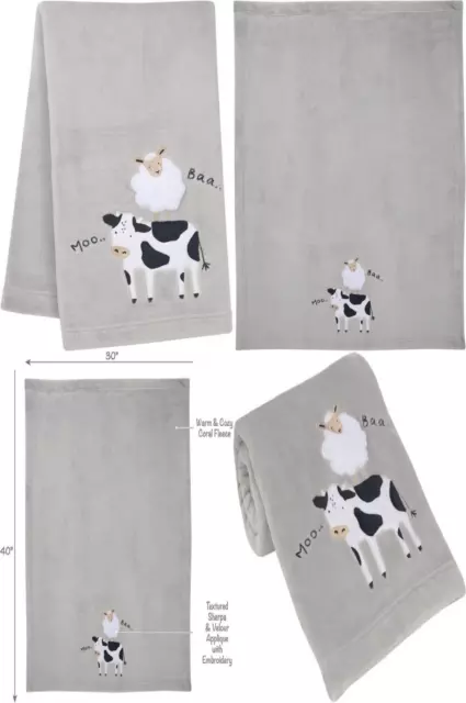Lambs & Ivy Baby Farm Cow/Sheep Appliqued Gray Luxury Fleece One Size,