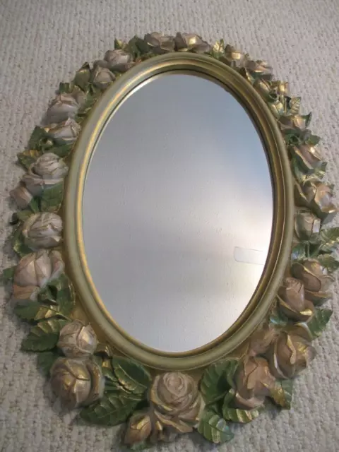 Vintage Home Interiors Oval Mirror with Light Pink Roses