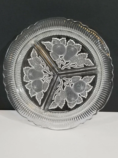 Vtg Clear Frosted Glass Fruit Pattern Divided Vegetable Relish Serving Dish