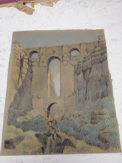 Beautiful Hand Drawn Colored Pencil Sketch Cascada De Ronda Puente Nuevo Spain