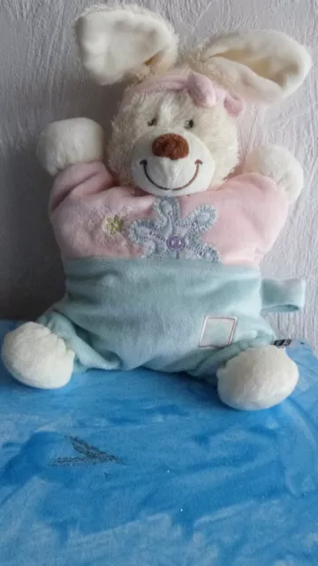 doudou semi plat tex baby lapin blanc serre tete rose , bleu attache tetine