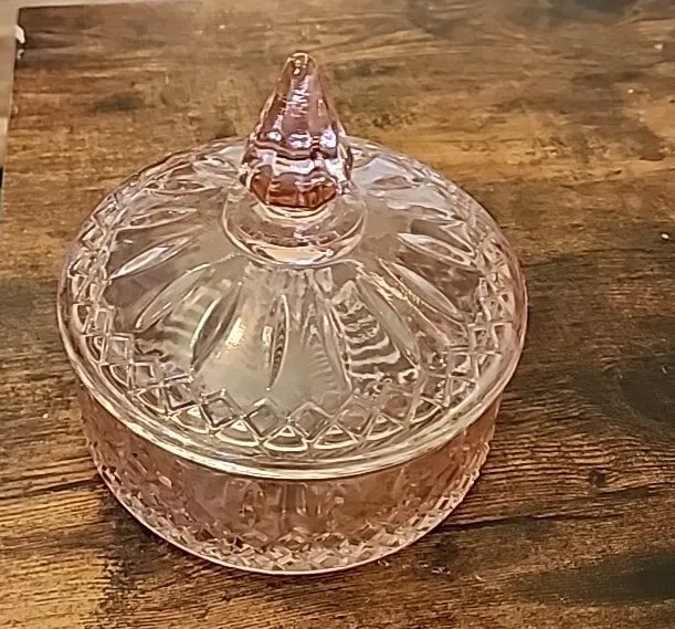 Indiana Pink Depression Glass Candy Dish Diamond  Princess Powder Box w Lid