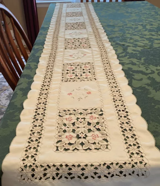 Gorgeous Long Beige Table Runner With Green/Salmon Colors Cut Work 87 In Long