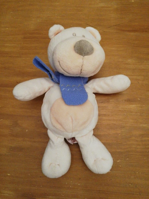 Doudou Peluche Bengy Chien Ours Blanc Beige Rose Pâle Écharpe Polaire Bleu
