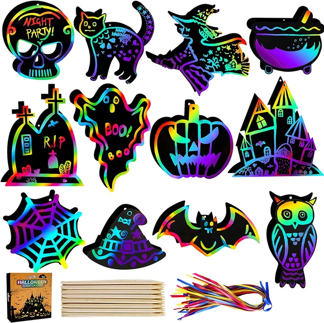 Halloween Crafts Scratch Off Art Paper Card Rainbow Ornaments Hanging 48 Pcs New