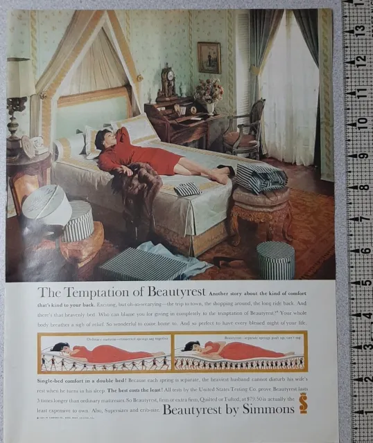 1960 Simmons Vintage Print Ad Beautyrest Mattress Housewife Napping Bed Shopping