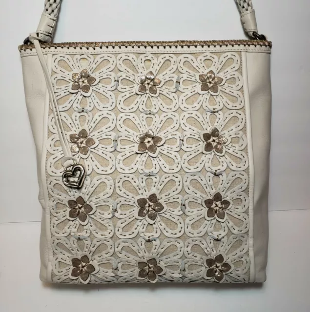 Brighton White Linen Flora Leather 3D Floral Applique Handbag Weaved Handels$280