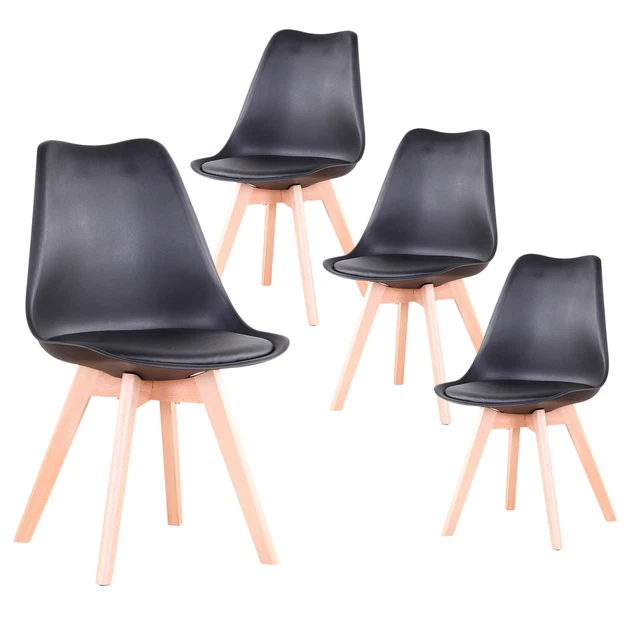 Lot de 4 Chaises de Salle a Manger avec Pieds en Bois Massif et rembourré Noir