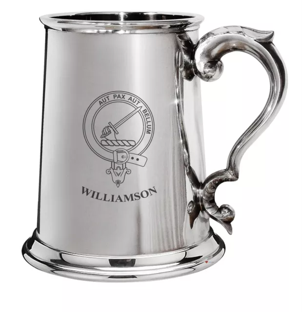 Williamson Family Crest Polished Pewter 1 Pint Tankard with Scroll handle