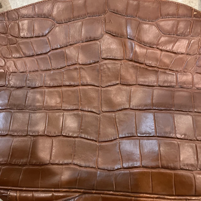 FURLA Vintage CROC Embossed Leather Shoulder Bag Tote Brown